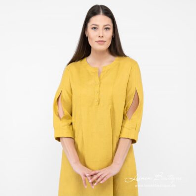 Knielanges senfgelbes Leinenkleid mit Rundhalsausschnitt und kurzer Knopfleiste vorne