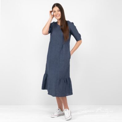 Wadenlanges Leinenkleid dunkelblau mit 3/4 Ärmeln