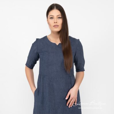 Leinenkleid dunkelblau mit 3/4 Ärmeln