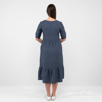 Leinenkleid dunkelblau gerafft am Saum und an der Taille