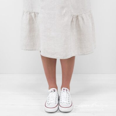 Leinenkleid beige wadenlang gerafft am Saum