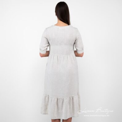 Leinenkleid beige wadenlang gerafft am Saum und an der Taille