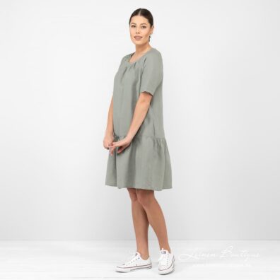 Knielanges blaugrau-altgrün meliertes Leinenkleid
