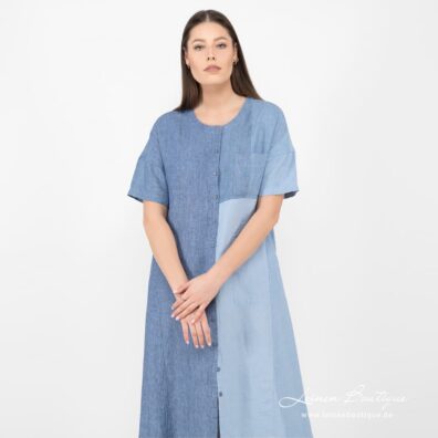 Leinenkleid blau mit kurzen Ärmeln