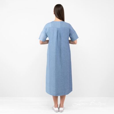 Wadenlanges Leinenkleid mit Farbverlauf in Blau
