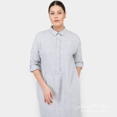 Hellgraues knielanges Leinen-Viskose-Kleid mit feiner Raffung an der Taille