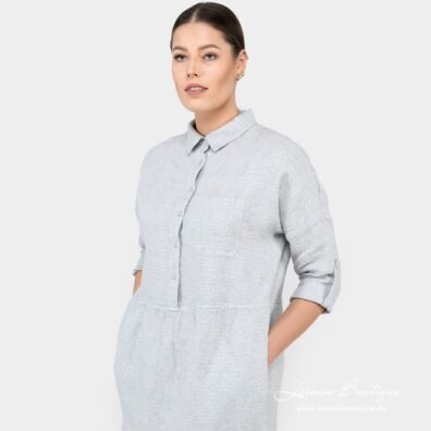 Halbleinenkleid hellgrau mit 3/4 Ärmeln mit Knopfriegel