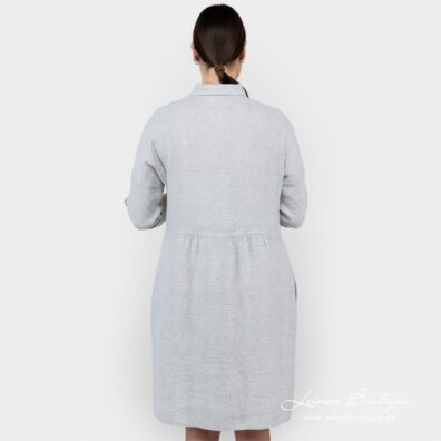 Hellgraues knielanges Leinen-Viskose-Kleid mit Blumenmuster