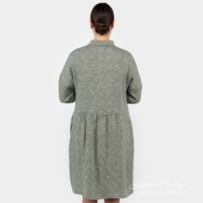 Moosgrünes knielanges Leinen-Viskose-Kleid mit Blumenmuster