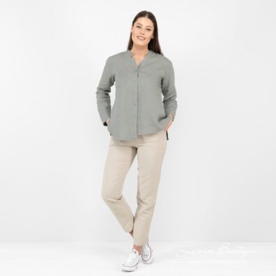 Leinenhemd grüngrau für Damen mit asymmetrischem Saum