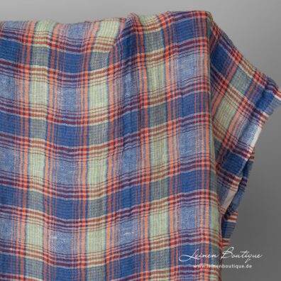 Leinenstoff transparent blau orange kariert gewaschen, weich, geschmeidig