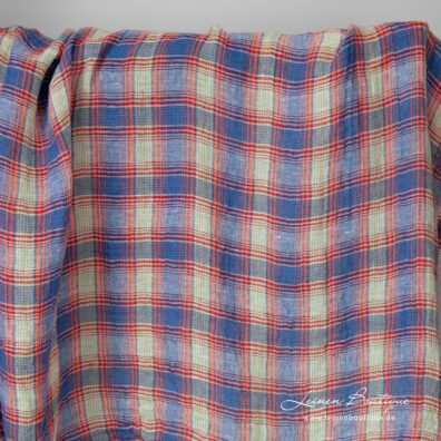 Leinenstoff transparent blau orange kariert gewaschen
