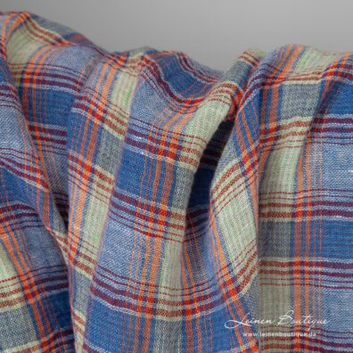 Leinenstoff transparent blau orange kariert gewaschen zum Nähen von Gardinen, Schals, Tüchern, Stolen