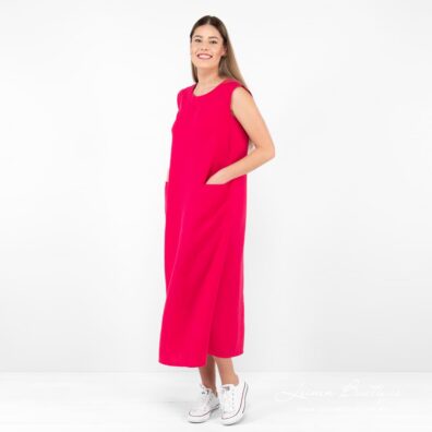 Leinenkleid wadenlang ärmellos in Fuchsia Farbe