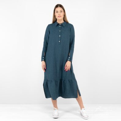 MINDY Leinenkleid / Hemdkleid dunkelblau meliert, gestreift