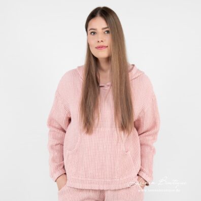 Kapuzenpullover aus rosa Leinen-Baumwollmix in Waffelpikee angefertigt