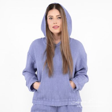 Halbleinen-Kapuzenpullover himmelblau mit großer Tasche vorne
