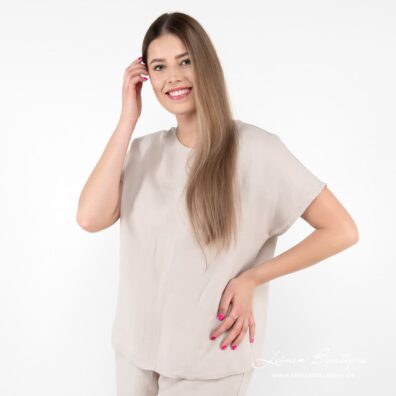 DARREN Leinenbluse beige mit kurzen Ärmeln und Rundhalsausschnitt