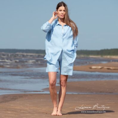 DOLFI Leinenbluse himmelblau mit langen Ärmeln