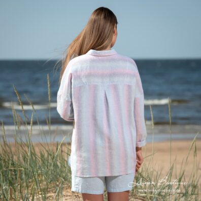 DOLFI Leinenbluse in rosa, mintgrünen, grauvioletten, hellblauen Streifen mit Silberglanz gewebt
