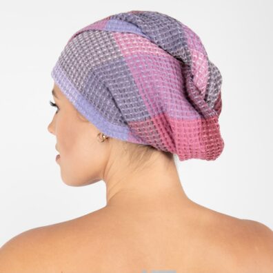 BINGO Halbleinen-Turban lila kariert, mit Knopfverschluss