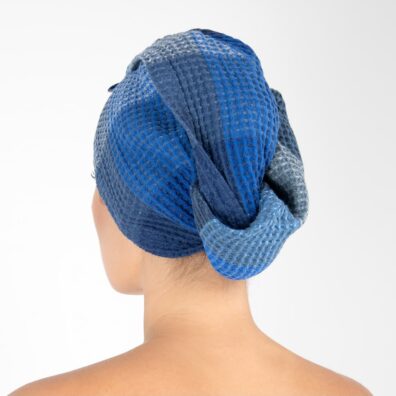 BINGO Halbleinen-Turban blau kariert mit Knopfverschluss