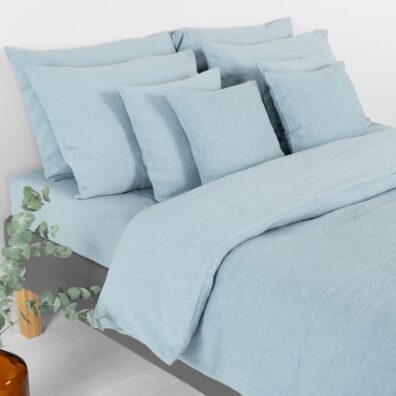 Bettwäsche aus aquamaringrün-hellblau meliertem Leinen-Baumwollmix in Leinwandbindung und Waffelpikee