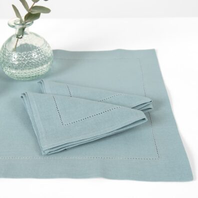 LUNA Halbleinen Tischset grünlich mit 4cm breitem Umschlagsaum und Hohlsaum