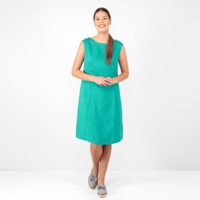 Leinenkleid türkisgrün in A-Schnitt, knielang, ärmellos