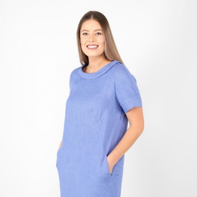 Leinenkleid blau mit kurzen Ärmeln