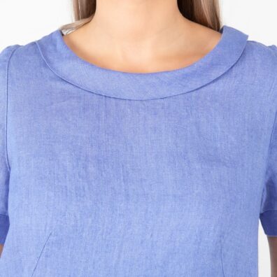 Leinenkleid blau mit Rundhalsausschnitt und Reverskragen