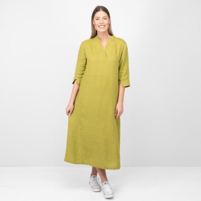 Leinenkleid apfelgrün mit 3/4 Ärmeln mit Schlitzen