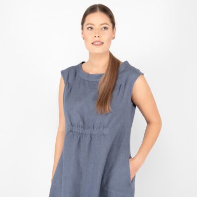 Leinenkleid blaugrau leicht gerafft unter der Brust