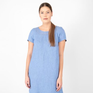 Leinenkleid blau mit kurzen Ärmeln