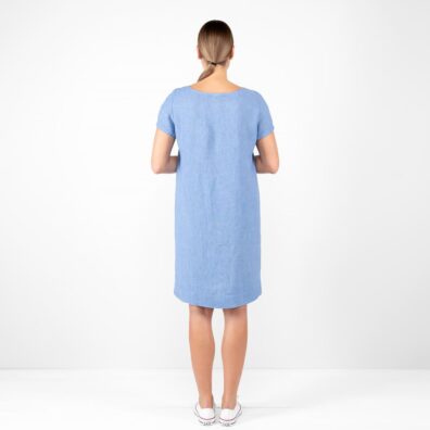 Leinenkleid blau, gerader Schnitt, knielang, kurzarm