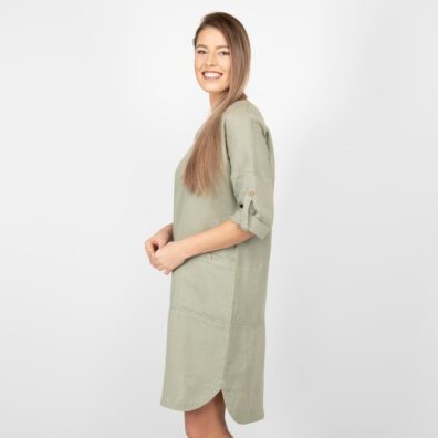 Leinenkleid altgrün mit abgerundetem Saum, seitlichen Schlitzen