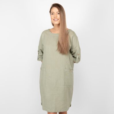 Leinenkleid altgrün mit großen Taschen vorne