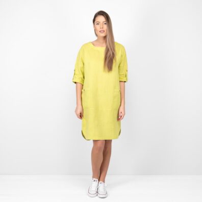 Leinenkleid gelbgrün knielang in lässigem sportlichem Stil