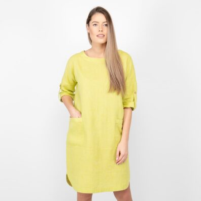 Leinenkleid gelbgrün mit Rundhalsausschnitt, 3/4 Ärmeln mit Knopfriegeln