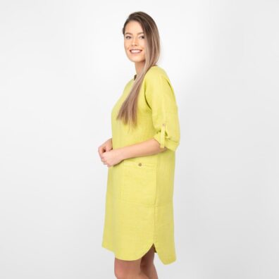 Leinenkleid gelbgrün mit abgerundetem Saum, seitlichen Schlitzen