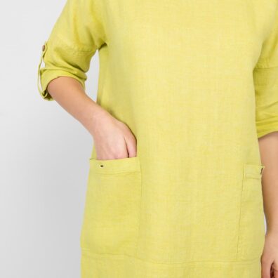 Leinenkleid gelbgrün mit großen Taschen vorne