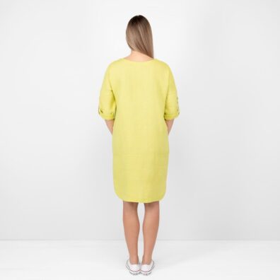 Leinenkleid aus einem Melange-Stoff, aus apfelgrünem und schwefelgelbem Garn gewebt