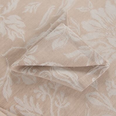 Halbleinen Serviette hellbraun mit Blumen und 2cm breitem Umschlagsaum