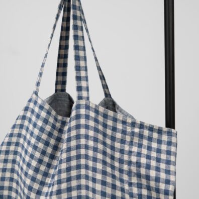 Leinentasche blau-beige kariert mit kleiner Innentasche, innen blau-beige meliert