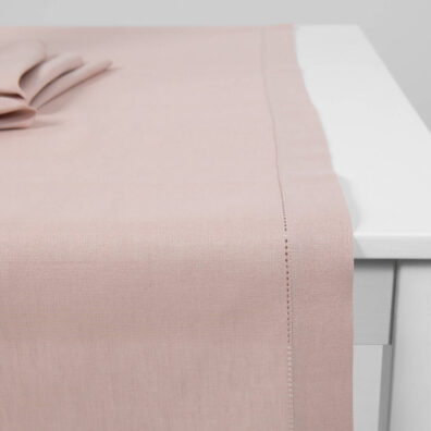 LUNA Halbleinen Tischläufer altrosa mit 4cm breitem Umschlagsaum