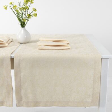FLORA Halbleinen Tischläufer creme mit 3cm breitem Umschlagsaum