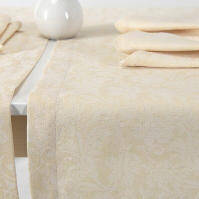 FLORA Halbleinen Tischläufer creme Jacquard mit Blumenmuster