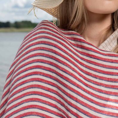 CUBA Leinenstrandtuch rot-dunkelblau-beige gestreift