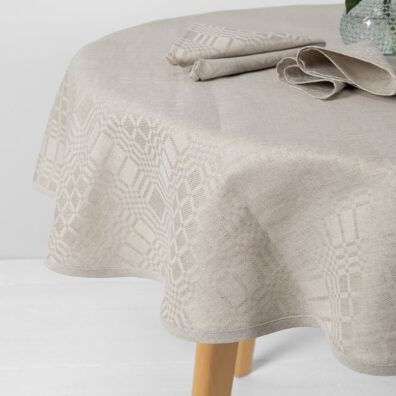 CAMPO runde (ovale) beige karierte Halbleinen-Tischdecke
