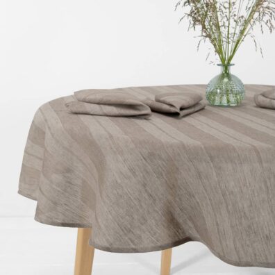 ISLA runde (ovale) Leinen Tischdecke beige gestreift und passende Servietten